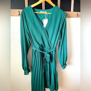 Midi Dress Green Pleated classic minimalist tie emerald women’s large new